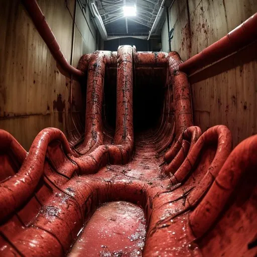 Prompt: Indoor water slides empty dirty vomit dilapidated night dim lighting red dirty dry dark drain meat flesh nightmare holes creature coming out of drain