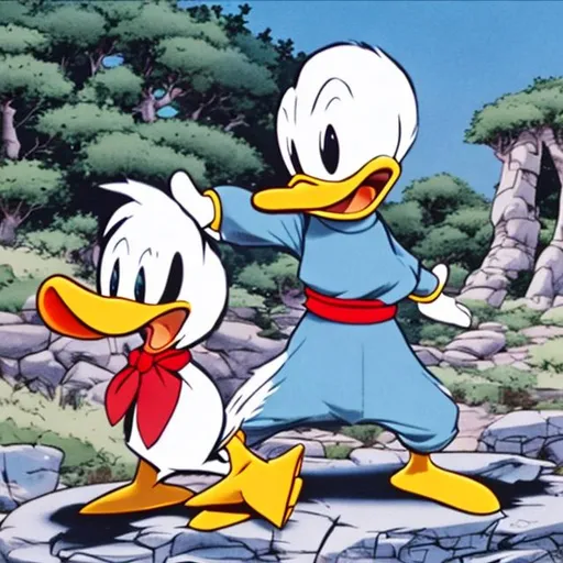 Prompt: donald duck training to fight the evil prince john.  
juniper trees in the background, it's a manga scene.  

