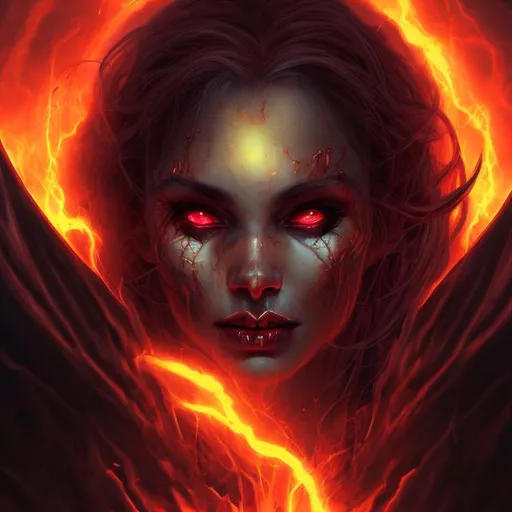 Prompt: woman face, succubus demon, soft lightning, in hell flames, dark colors, front point of view, digital art