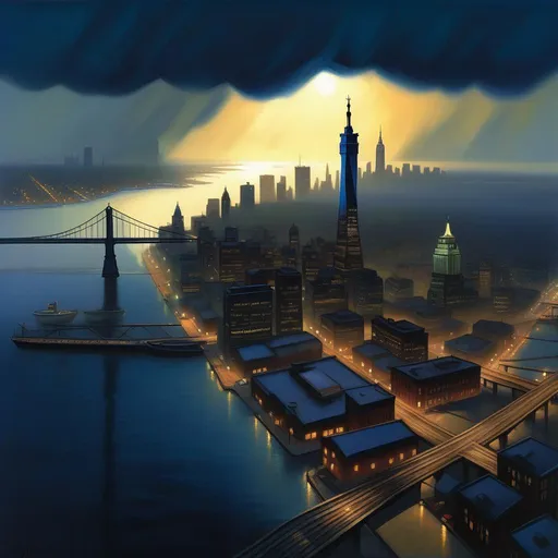 Prompt: Aerial view of Liberty City from GTA IV, rain, fog, dark blue atmosphere, cartoony style, extremely detailed painting by Greg Rutkowski and by Henry Justice Ford and by Steve Henderson