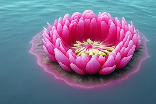 Prompt: massive pink flower on the sea, filled with strange animals 