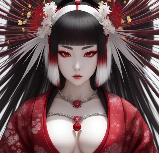 Prompt: {{{{the highest quality concept art masterpiece, hyper detailed, realistic, perfect anatomy, perfect composition, approaching perfection portrait of Bloody demonic Shinto Shrine maiden with silver hair black dark kimono with an intricate red spider lily pattern, and a pale white skin, Japanese, maximum detail, high definition horror, Japanese Horror, dark fantasy,Unreal Engine, UHD, 
HDR, 
128K, 
HD, 
long shot, 
professional photography, 
unreal engine octane render, 
trending on ArtStation, 
front view, 

}}}