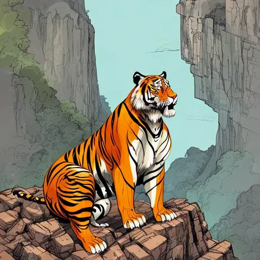 Prompt: A comic book style illustration of a tiger full body, Colored, looking over a cliff 