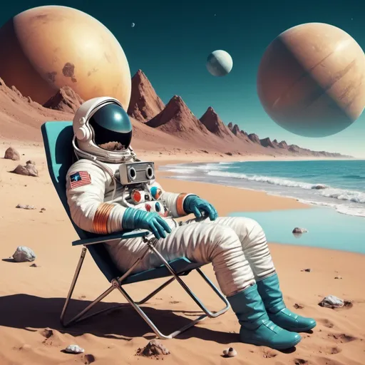 Prompt: Cosmonaut chilling on a beach chair and listening to music on exoplanet; sound speaker is visible; panoramic view; retro poster