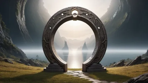 Prompt: circular portal, gateway between worlds, ring, ring standing on edge, freestanding ring, complete ring, panoramic view