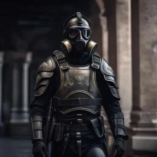 Prompt: A modern roman military male in black military roman armor, and gas mask, last days in earth, Dark art, Hyperrealistic, sharp focus, Professional, UHD, HDR, 8K, Render, electronic, dramatic, vivid, pressure, stress, traumatic, dark.