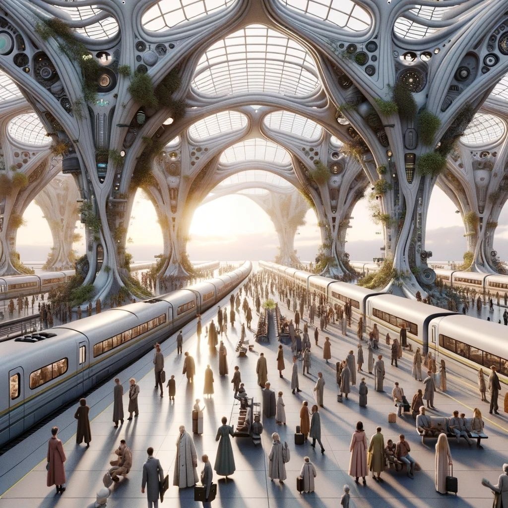 Prompt: 3D render of a solarpunk train station, bustling with people of diverse descents and genders. The architecture is a blend of organic and mechanical, emphasizing the harmony between nature and technology. The faces of the travelers highlight their emotions, from the rush of catching a train to the serenity of waiting.