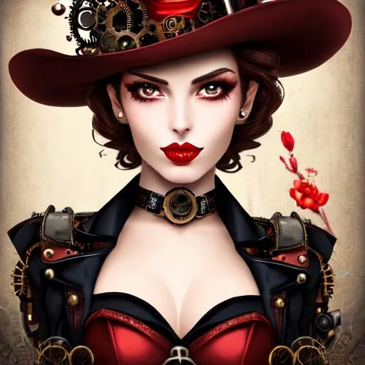 Prompt: steampunk woman ,very pretty face, red lips, with a hat, closeup