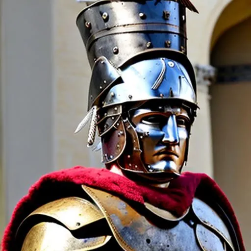 Prompt: Roman centurion with a metal faced helmet and plume 
