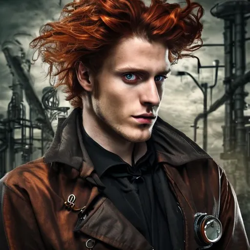 Prompt: handsome mad scientist guy auburn hair hazel eyes serious dark atmosphere steampunk