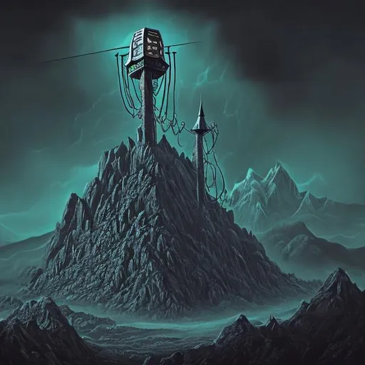 Prompt: lovecraftian style ominous mountain with a radio tower