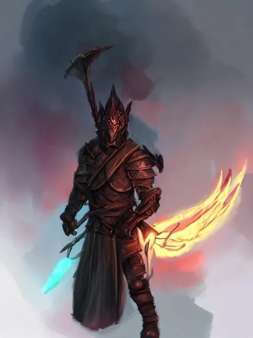 Prompt: colored, dragonborn, fire magic, shield, leather armor, ashen, cloak, shadows, hidden, obscured, very detailed