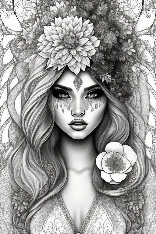 Prompt: coloring page , black and white of detailed beautiftul fantasy girl, with flowers,  clear facial features, symmetrical   smooth lines, beautfiful , dreamy, details, black and white, simple