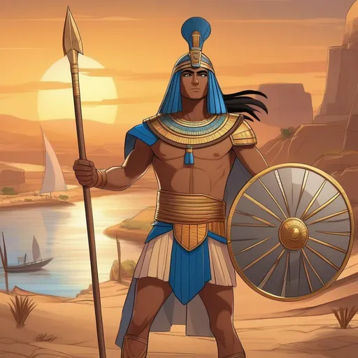 Prompt: A pharaonic soldier from ancient Egypt. He wields a Spear and holds a shield. In background the Nile. Rpg art. Anime art. 2d art. 2d. Well draw face. Detailed. 