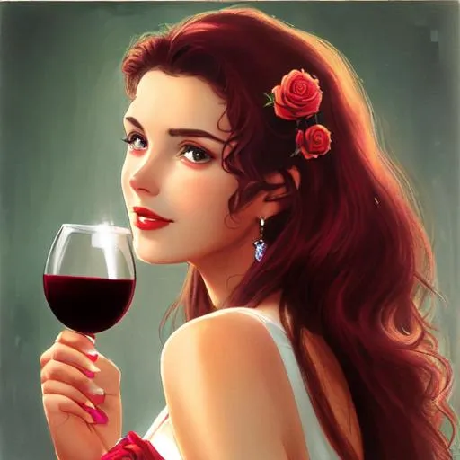 Prompt: young pretty woman with rose and wine