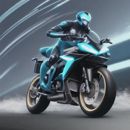 Prompt: Futuristic robot, agile, dangerous, cyan, realistic, exposed mechanics, strong, full body picture, riding motorcycle, in action