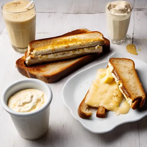 Prompt: banana cheese sandwich on toast with cheese milkshake 