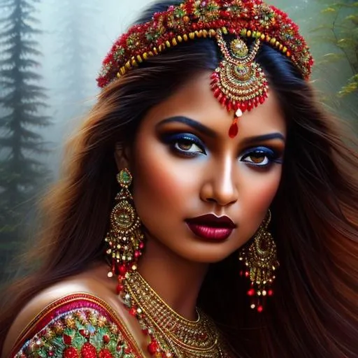 Prompt: Ultra beautiful  Red Indian girl, ((((hyper transparency dress)))), Photo realistic, dark fantasy, sensual, brown eyes, black gown, tree line, brazier, mists, detailed beauty face, detailed beauty eyes, black long hair, surreal beauty, soft light, long shot, UHD, , 8k, high quality, oil painting, hyper realism, 