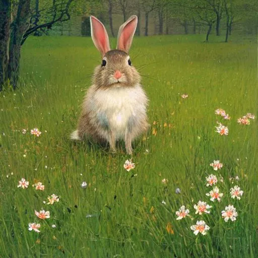 Prompt: a beautiful painting of a cute rabbit on a sunny spring meadow , spring blue wildflowers, stunningly beautiful, trending on artstation, by john atkinson grimshaw, 