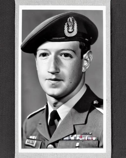 Prompt: Mark Zuckerberg historic famous vintage 1944 World War II portrait photo of handsom soldier veteran war hero in wwii