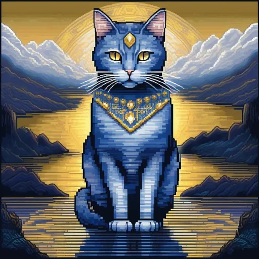 Prompt: (pixel art), 16-bit, beautiful {blue cat}, with {silver eyes}, white chest, presenting magical jewel, looking at viewer, glaring through fourth wall, layers of golden mountain silhouettes, enchanted golden crystal lake, fantasy, retro, twilight, highly detailed, golden jewel on forehead, beautifully detailed shading, scenic, complementary colors, golden ratio, character concept, artstation, perfect composition, beautiful proportions