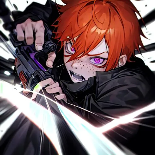 Prompt: Erikku male adult (short ginger hair, freckles, right eye blue left eye purple) UHD, 8K, Highly detailed, insane detail, best quality, high quality, fighting with a chainsaw