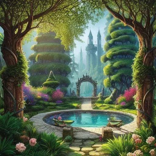 Prompt: Gardens, ancient fae city, dnd elves, fantasy, myth drannor, magical pool

