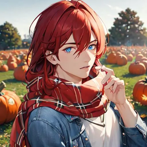 Prompt: Zerif 1male (Red side-swept hair covering his right eye, blue eyes), highly detailed face, wearing a cozy flannel shirt and a pair of stylish jeans. In the park, fall.  wearing a scarf, looking up at the sky, in a pumpkin patch, adult. Handsome,  detailed, UHD, HD, 4K, highly detailed, red haze, masculine, anime style