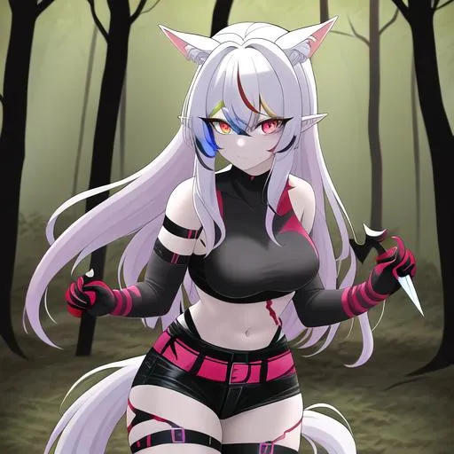 Prompt: Haley as a demon (multi-color hair) (multi-color eyes)(she has horse ears) (in the woods) (fighting with a knife) (combat attire)