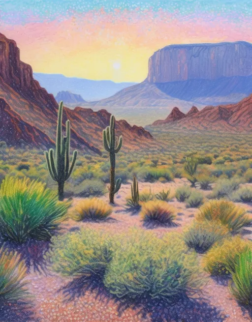 Prompt: A portrait painting of Big Bend National Park, in the pointillism style of Claude Monet, with soft pastel colors.