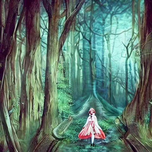 Prompt: The first Alice walked
Into the woods of Wonderland
Bravely, with a fearsome sword
Held tightly in her hand
Slicing down whatever laid
In her unyielding wrath
Leaving chaos in her wake
By a red bloody path

Then Alice strayed too far
Lost within the woods
Giving in to all her sins
Locking her away for good
Much like the gruesome path
That marked her evil ways
Still her life remains a mystery
'Till this very day