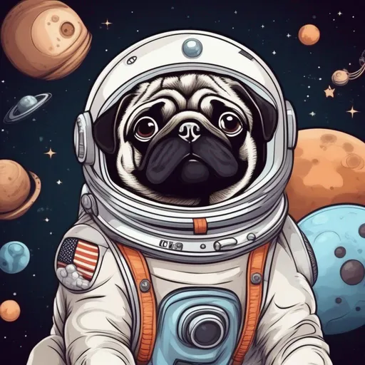 Prompt: cartoon Pug with cartoon astronaut suit in space for wallpaper