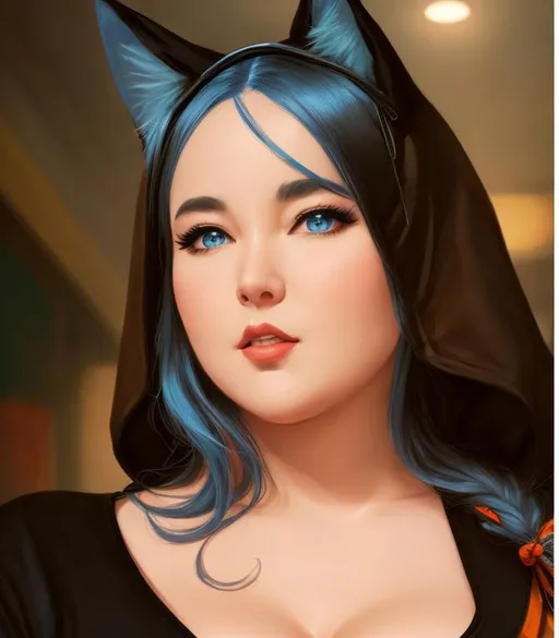 Prompt: full character in view, oil painting, UHD, hd , 8k, , hyper realism,   Very detailed, zoomed out view, standing fat beauty female character that is blue cat onesie with a cat hood, wearing  wearing an orange kimono over top her pajama's and is summoning lighting