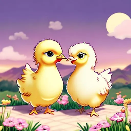 Prompt: Cute two yellow little chickens in the hands with a flower field behind and a pink sunset, anime style HD semi realistic