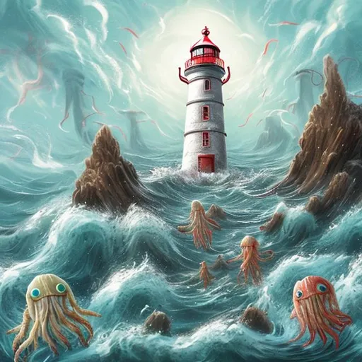 Prompt: Sentient lighthouse god followed by crustacean people worshippers with a wave