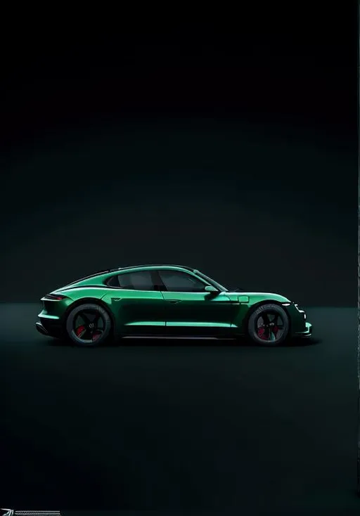 Prompt: porsche taycan gts Irish green black wheels dark background 
minimalisitic 