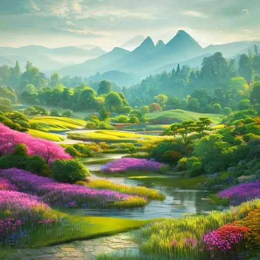 Prompt: A serene landscape unfolds, with rolling hills, a meandering river, and distant mountains adorned with vibrant flora. The scene is alive with color, fragrance, and the gentle whispers of nature, waiting to be transformed into art.
