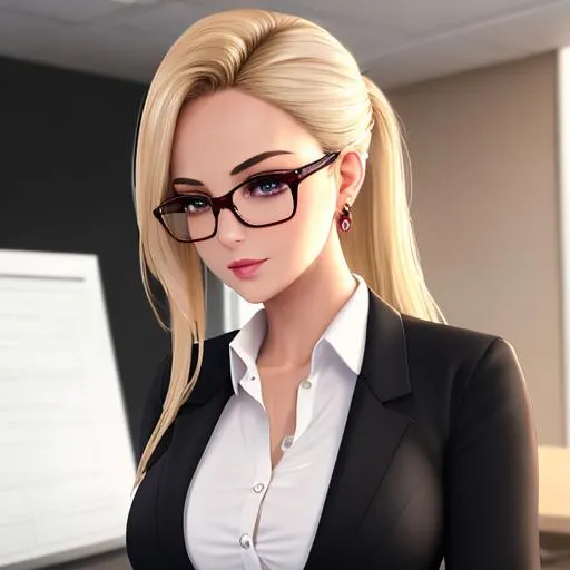 Prompt: blonde with dark roots hair in ponytail, busty girl, wears glasses, wears white unbutton button up shirt, wears dark pencil skirt, deep red blush, serious look, highly detailed face, highly detailed eyes, highly detailed body, full body, whole body visible, full character visible, office indoor, soft lighting, high definition, ultra realistic, unreal engine 5, 8K, digital art