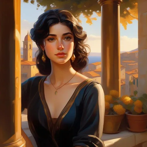 Prompt: Third person, gameplay, italian girl, pale skin, black hair, freckles, brown eyes, Italy, golden atmosphere, cartoony style, extremely detailed painting by Greg Rutkowski and by Henry Justice Ford and by Steve Henderson 