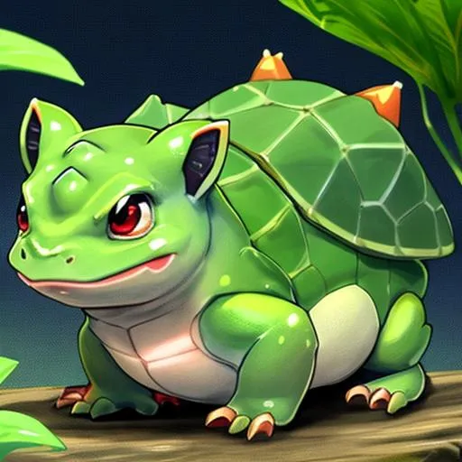 Prompt: HD, High Quality, 5K, Anime, Bulbasaur, small quadrupedal amphibian, green plant bulb on back,  blue skin with darker patches, It has red eyes with white pupils, pointed, ear-like structures on top of its head, and a short, blunt snout with a wide mouth. A pair of small, pointed teeth are visible in the upper jaw when its mouth is open. Each of its thick legs ends with three sharp claws. On Bulbasaur's back is a bright green circular plant bulb that conceals two slender, tentacle-like vines, which is grown from a seed planted there at birth. The bulb also provides it with energy through photosynthesis as well as from the nutrient-rich seeds contained within, forest, Pokémon by Frank Frazetta