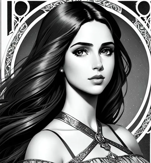 Prompt: Naomi Scott dressed as rapunzel | art nouveau portrait |  | black and white illustration | sepia, royal vibe, highly detailed, digital painting, Trending on artstation , HD quality,artgerm, by Ilya Kuvshinov by Ilya Kuvshinov 