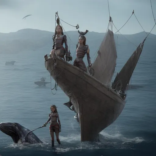 Prompt: three barefoot girls in medieval outfit, 13 years old, on a whale hunting ship, hunting whales with harpoons