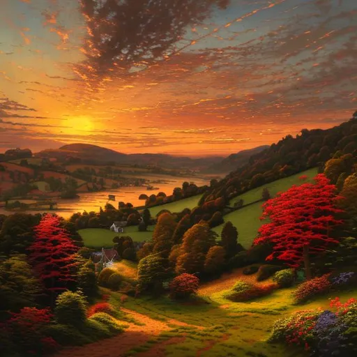 Prompt: Red sky,  english countryside artists, Style of thomas kinkade, redder