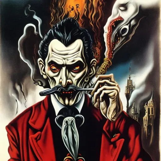 Prompt: Dracula smoking while holding an AK47 in the style of Salvador Dali, highly detailed, using only the colours: red, black and white