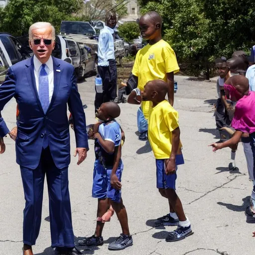 Prompt: Joe biden in the Ghetto flexing his money on kids