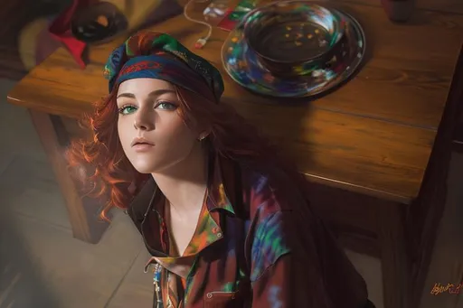 Prompt: oil painting, UHD, hd , 8k, panned out view, zoomed out view, full character in view, red haired female with green eyes, she is wearing a black bandana on her head, she wears  a tie dye shirt, wears a hippie brown jacket,  wears jean shorts, wears flip flops 