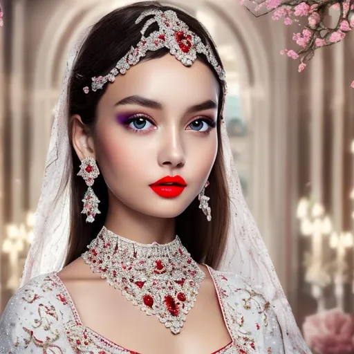 Prompt: Beautiful girl wearing white dress, AI, fined features, 8K, fair and glossy skin, big eyes, light makeup, red lips, nice diamond necklace set.