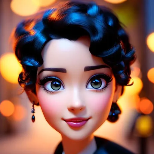 Prompt: Disney, Pixar art style, CGI, She has  fox like black eyes, her hair is black and curly