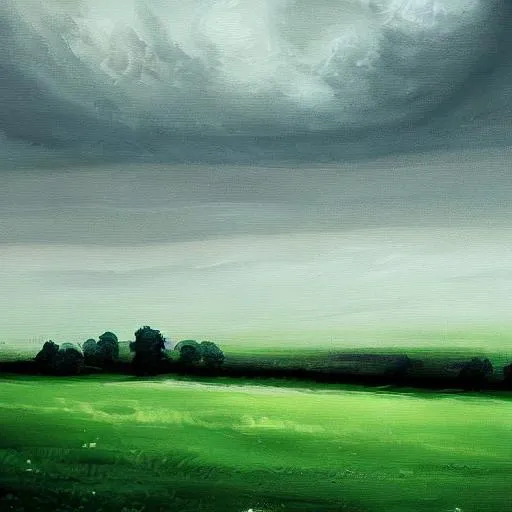 Prompt: painted artwork of green moody landscape