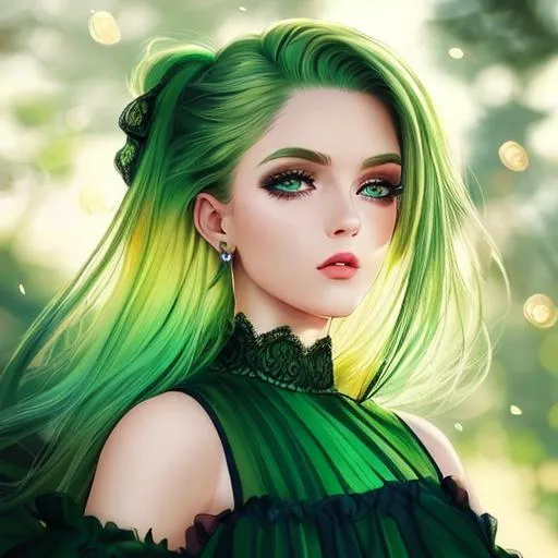 Prompt: A beautiful woman, beautiful face, stunning green eyes, ombre gradient green hair, delicate dress 